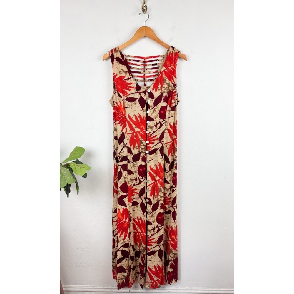 Vintage 90s Tropical Print Button Front Sleeveless Maxi Dress Sz 14